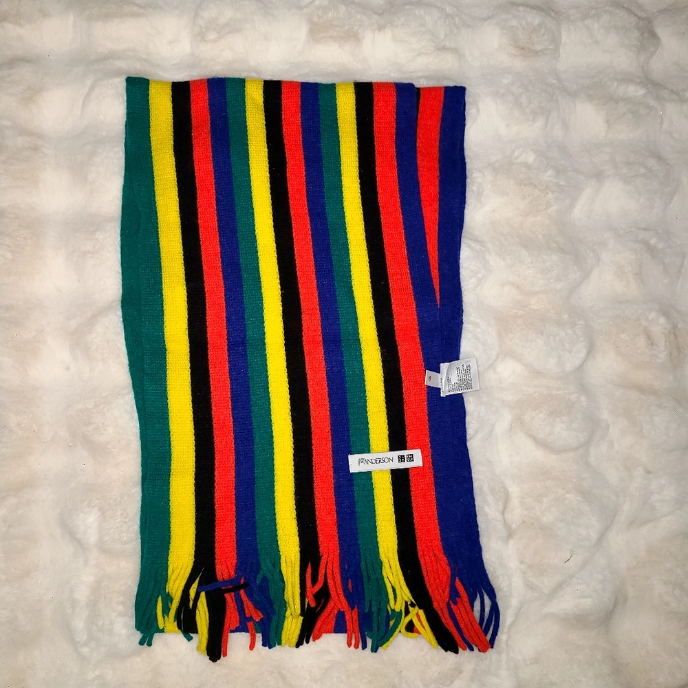 Uniqlo Red, Yellow, green, blue, and black, Striped Scarf with Fringed Ends - Picture 2 of 4